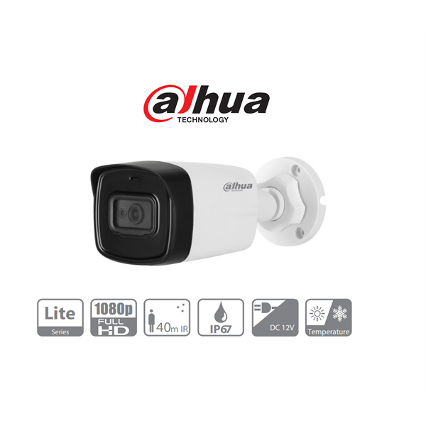 Dahua 4in1 Analóg csőkamera - HAC-HFW1200TL-A (2MP, 3,6mm, kültéri, IR80m, ICR, IP67, DWDR, mikrofon, műanyag)